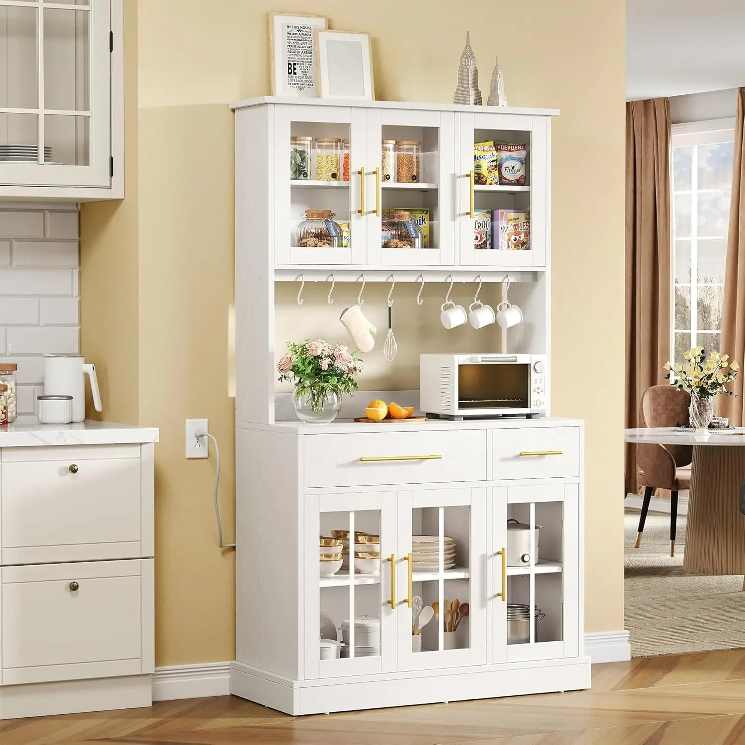 71'' Kitchen Storage Cabinet with Microwave Stand, Tall Freestanding Hutch with Power Outlet, Pantry Cabinet w/ Buffet Cupboard