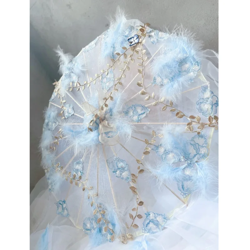 White Blue Lace Wedding Oilpaper Umbrella Umbrella Umbrella Stage Classical Craft Umbrella Cosplay Lolita Photography Props