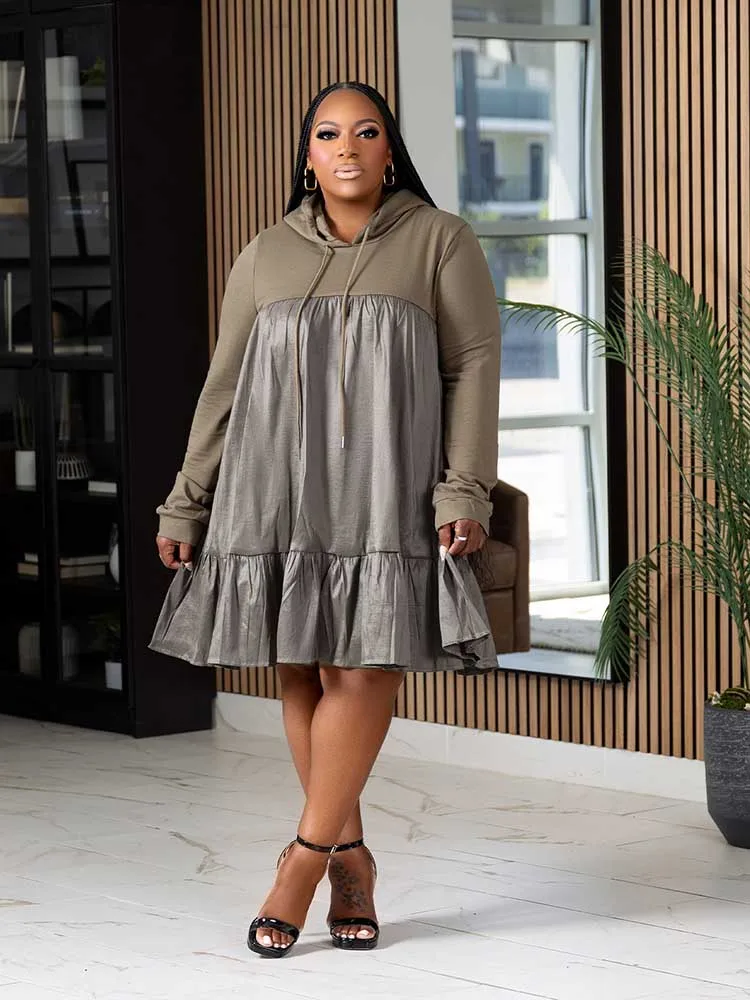 Women Plus Size Casual Autumn Dresses Patchworksweet  Preppy Hooded Dresses Knee Length Loose Waist Dress Wholesale Dropshipping