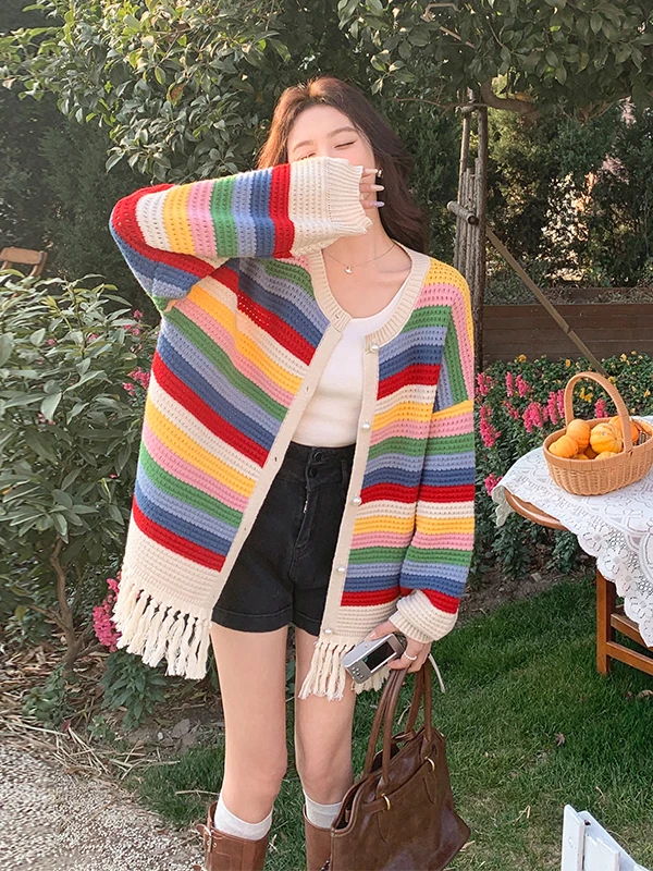 

Весенний шикарный женский вязаный кардиган в корейском стиле с бахромой, длинный свитер-пуловер с круглым вырезом