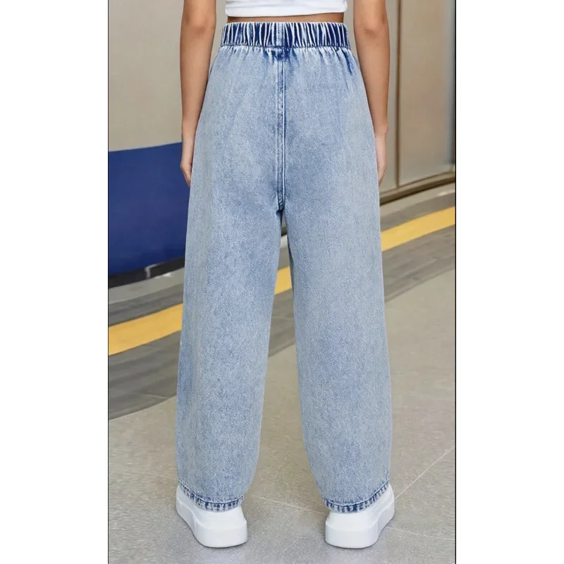 2025 Trend Girls Cartoon Hedgehog Printed Loose Pants - Elastic Waist Children's Casual Wide Leg Imitation Denim Pants