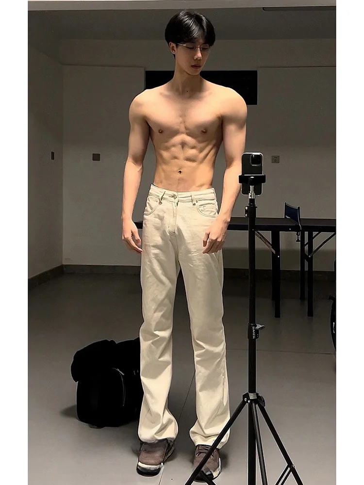 

Cleanfit Belted White Denim Jeans Men's American High Street Vibe Elastic Slim Fit Tall Guys Micro Flare Pants Youth Trend