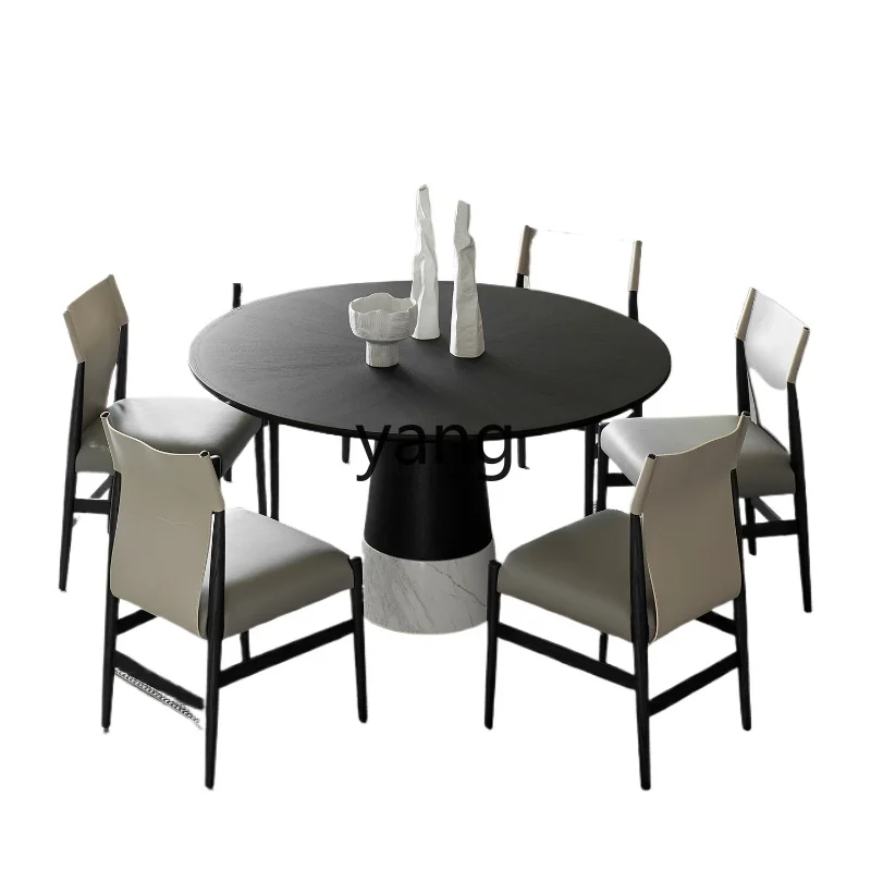 

LXL Silent Style Oak Black Marble Solid Wood round Table Minimalist Dining Table