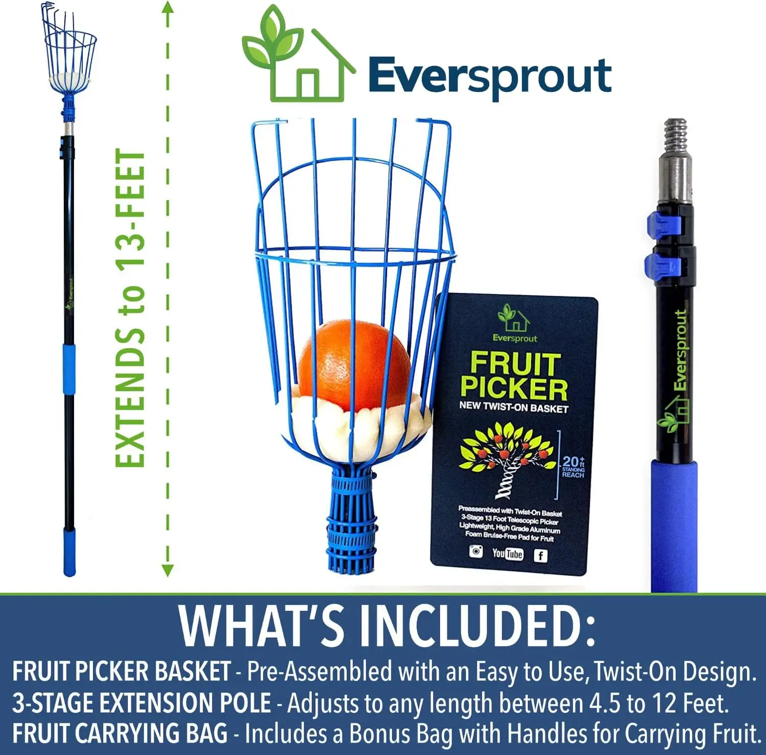 12-Foot Fruit Picker (20+ Foot Reach) | Telescoping Fruit Picker Pole, Easy to Attach Twist-On Apple Basket | Lightweight,