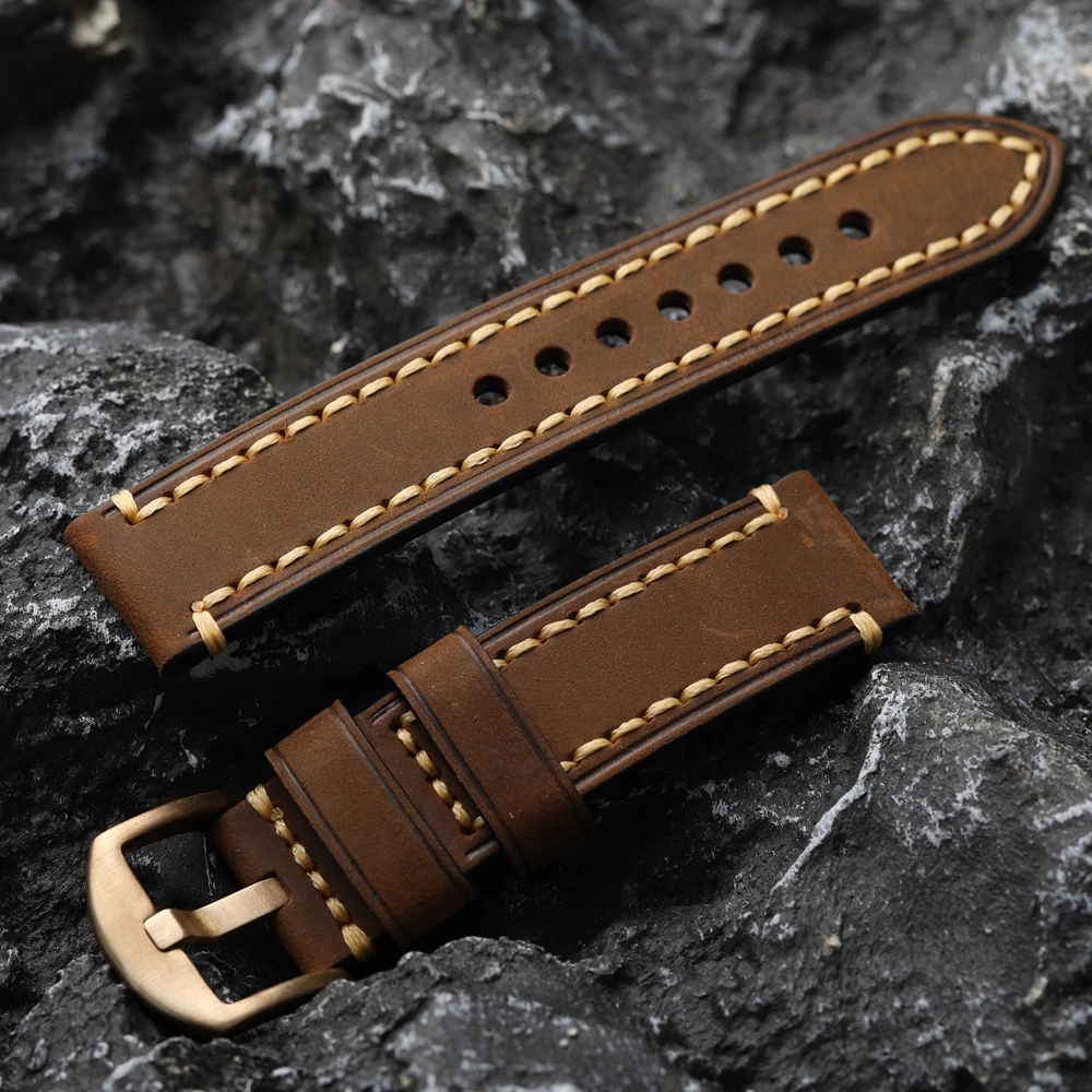 Handmade Head Layer Cowhide Watch Watchband 20 22 23 24 26MM Bronze Buckle Bracelet, Vintage Style, Brushed Leather Men Strap