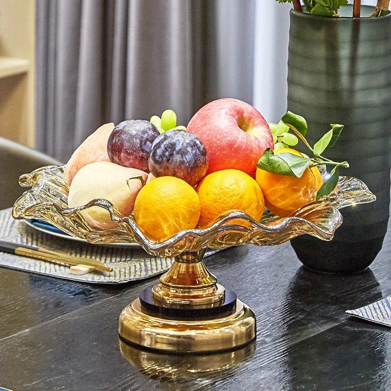 Light luxury gold crystal glass fruit plate European American home living room coffee table high foot decorative fruit basket de