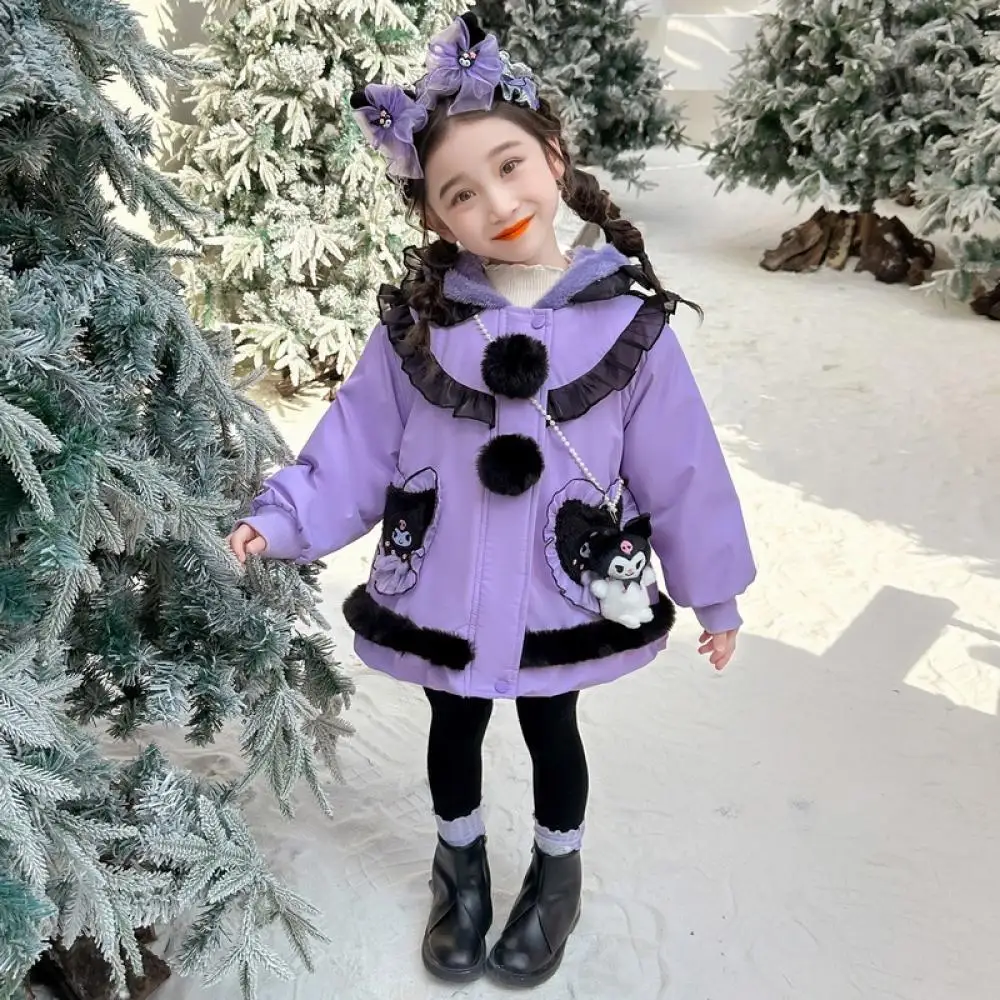 Sanrio Kuromi Cotton Coat Girls Cartoon Plus Velvet Jackets Autumn Winter Kawaii Thicken Outwear Windbreaker Children's Clothing