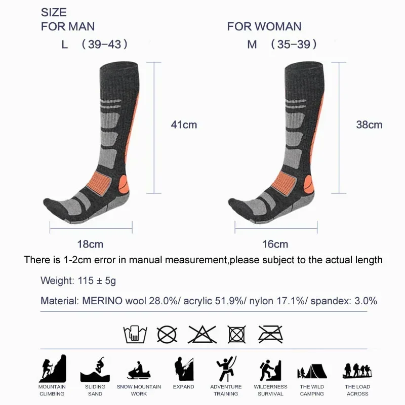 Meias térmicas de lã merino para homens e mulheres, boot sock, esportes, snowboard, ciclismo, caminhadas, esqui, inverno, 2 pares