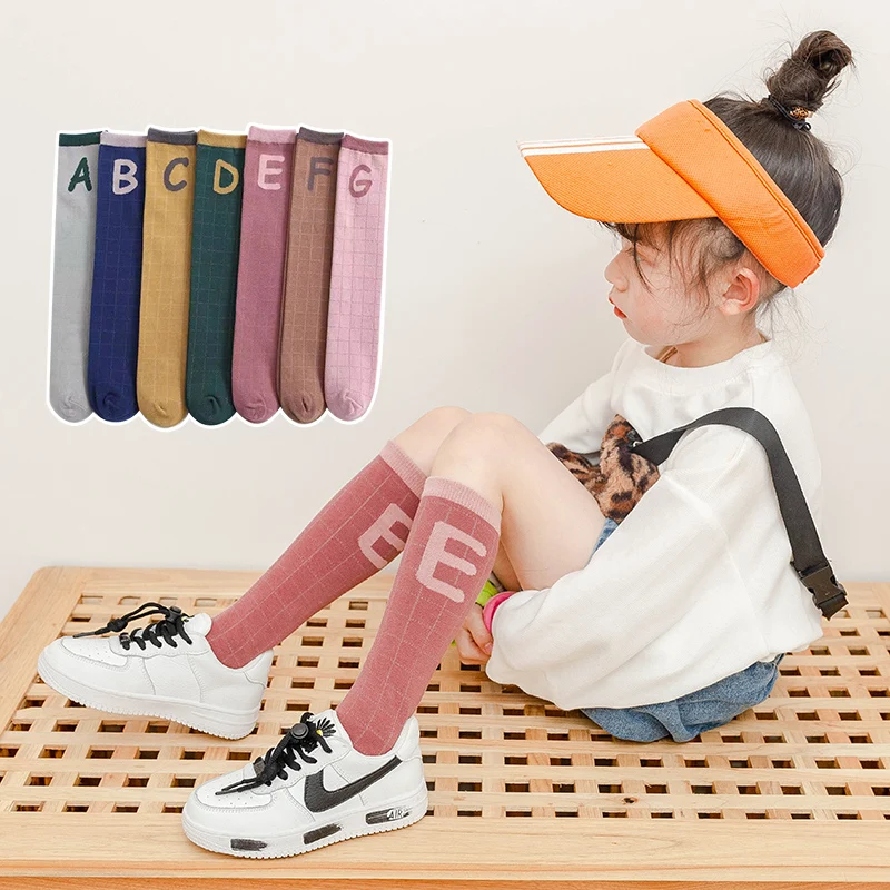 Sweet Girls Multi Color Knee High Socks With Plaid Pattern Cuff Printed English Letter Elastic Breathable Skin-Friendly Hosiery