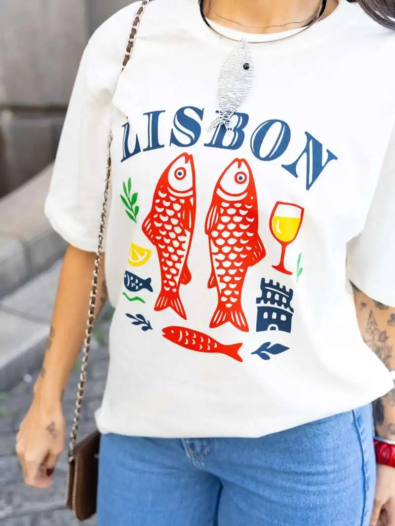 Retro American Vintage Summer Ocean Style Carp Print Spicy Girl Loose Pure Cotton Short Sleeve T-Shirt Women's Trendy round Neck