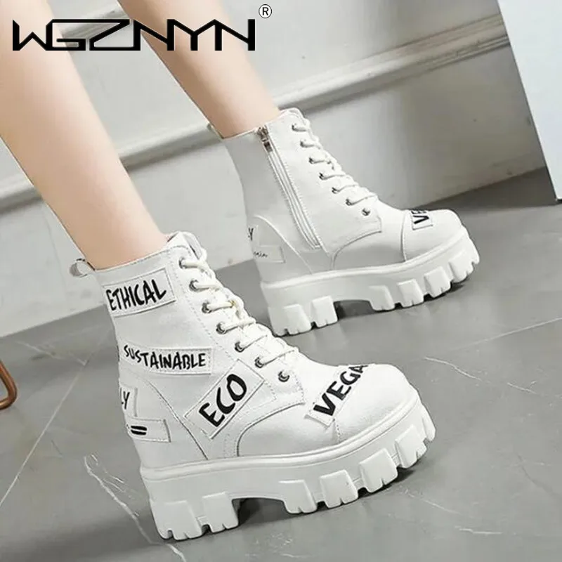 NEW Autumn Women Thick Sole Ankle Boot Luxury Platform Canvas Shoes Women 10cm High Heels Motorcycle Boots Woman White Sneakers