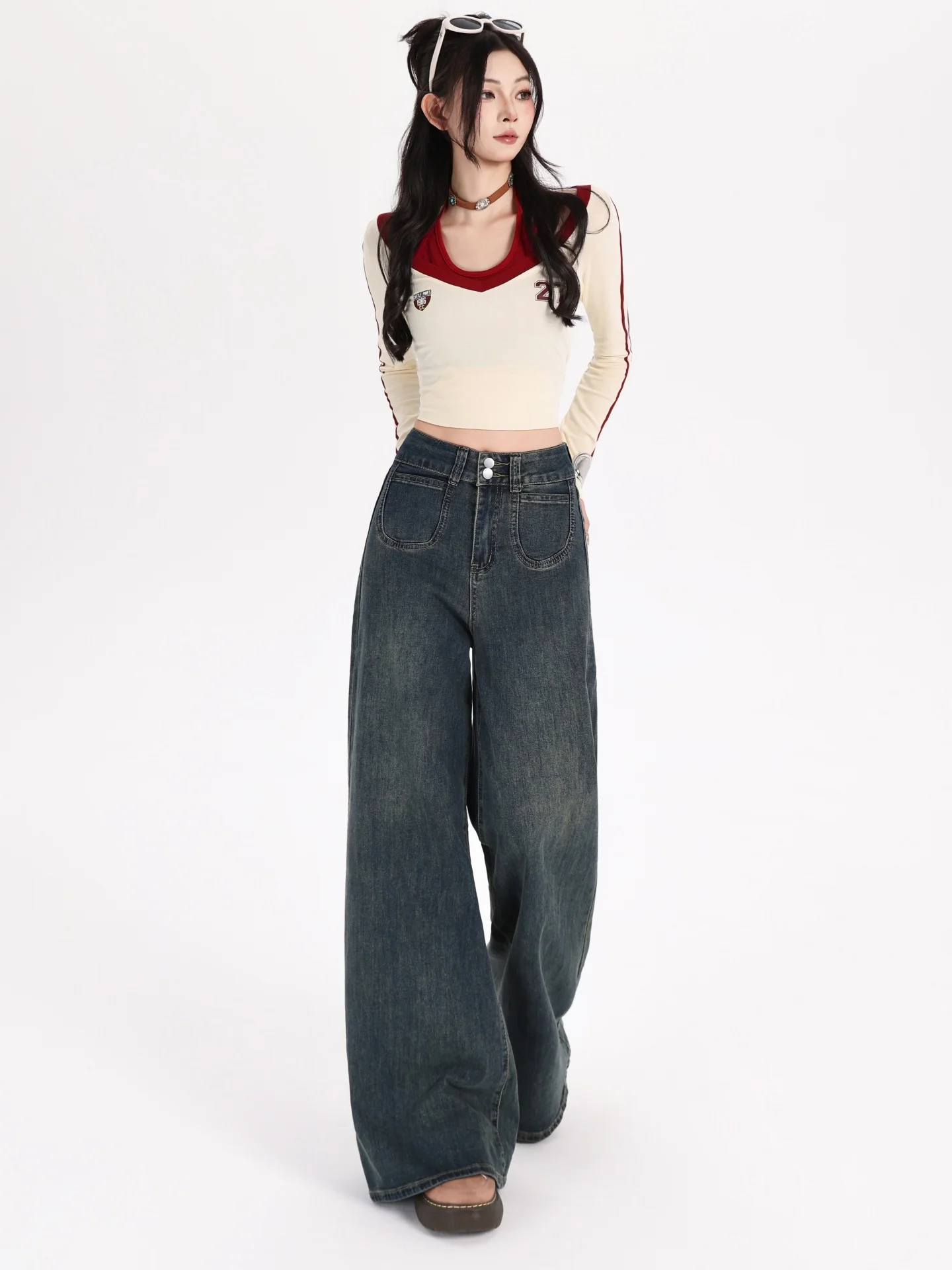 بنطلون جينز نسائي واسع الساق بخصر مرتفع على الطراز الرجعي، موديل جديد للخريف والشتاء، مبطن بالصوف، مقاس كبير، فضفاض ومستقيم و... #1