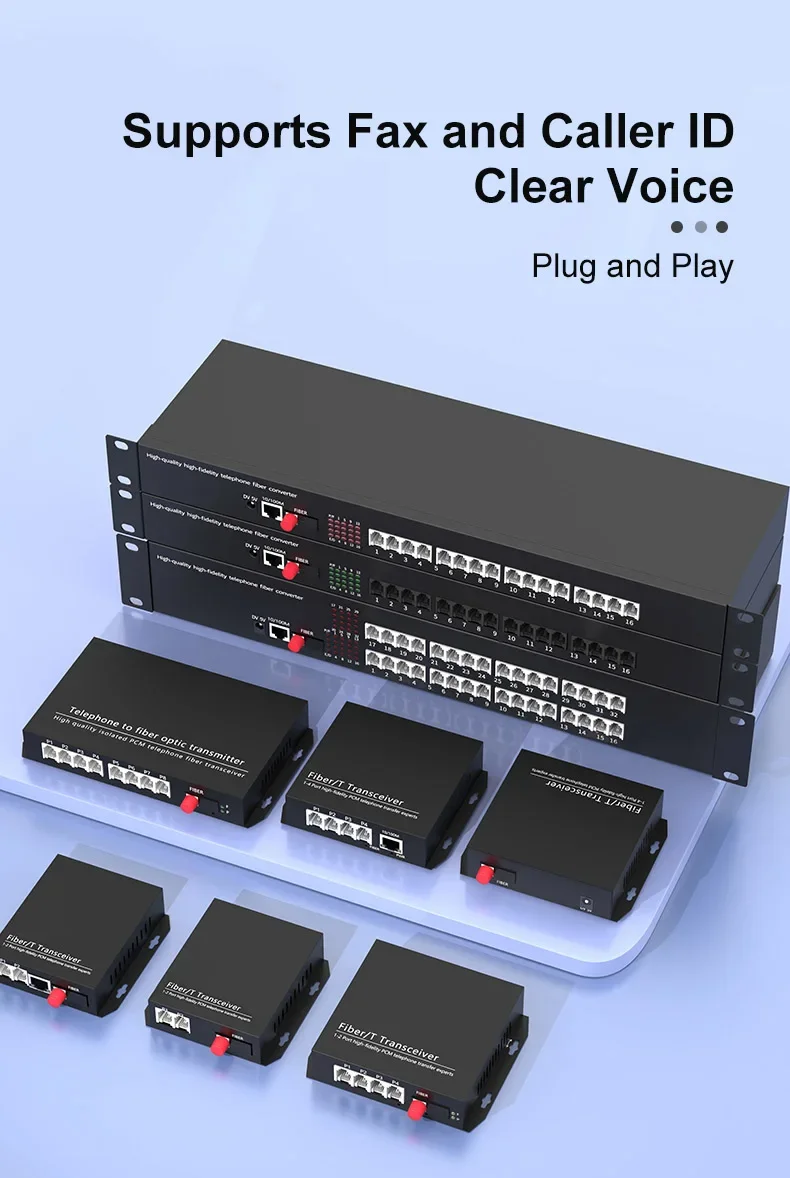 Conversor De Mídia De Fibra Óptica, Transceptor com 100M Porta RJ45, 32-Ch RJ11 PCM Telefone