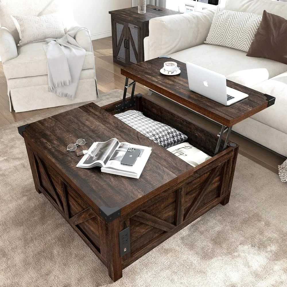 Farmhouse Lift Top Coffee Table with Storage, Wood Square Center Table with Charging Station&USB Ports, Living Room Central Tabl