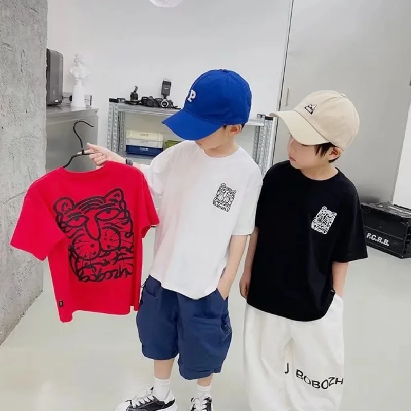 

Middle School Children Summer Cotton Tide Boy Cute Baby Clothes Print Leisure Short Tshirt Top Infant Outfit 7-14age