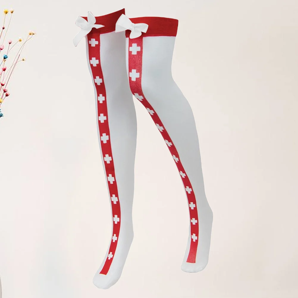 1 Paar oberschenkelhohe Krankenschwesterstrümpfe, weißes Fliege-Design, weich, elastisch, rutschfest, warme Socken für Damen, Party-Kostüme, Baumwolle