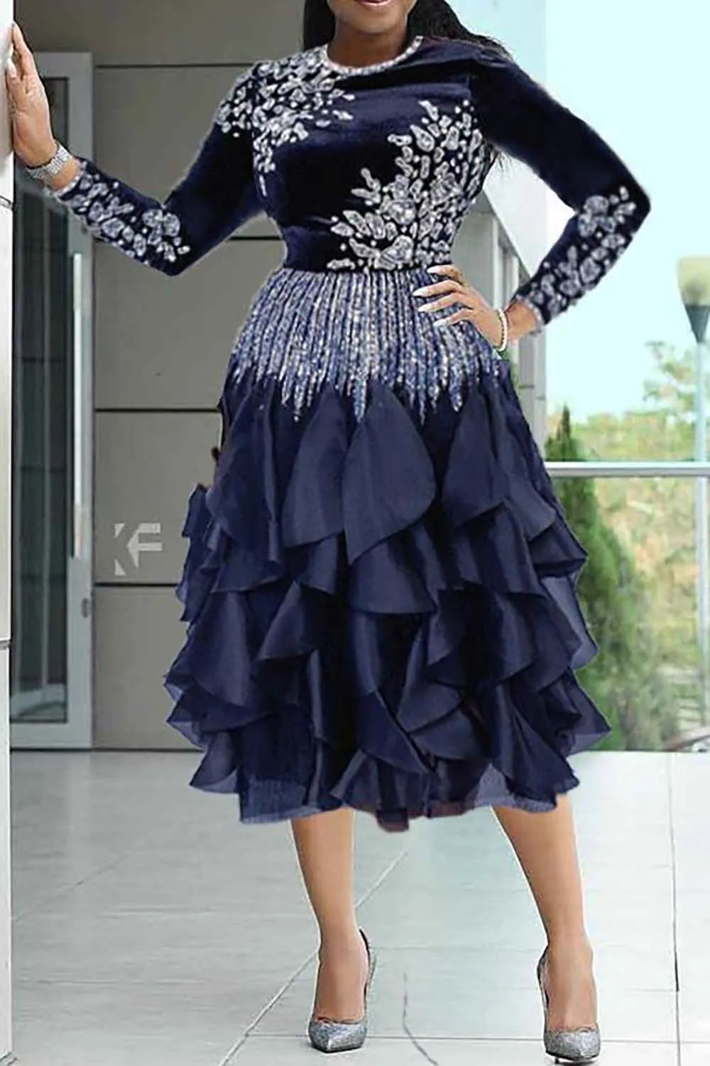 Plus Size Moeder Van De Bruid Midi Jurken Elegante Zwarte Herfst Winter Ronde Hals Lange Mouw Strass Fluwelen Midi Jurken