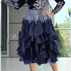 حجم كبير فساتين أم العروس ميدي أنيقة أسود الخريف الشتاء طاقم الرقبة بأكمام طويلة حجر الراين فساتين ميدي المخملية 2025 أفضل 12 فستان مبيعات لجدة العروس - No10