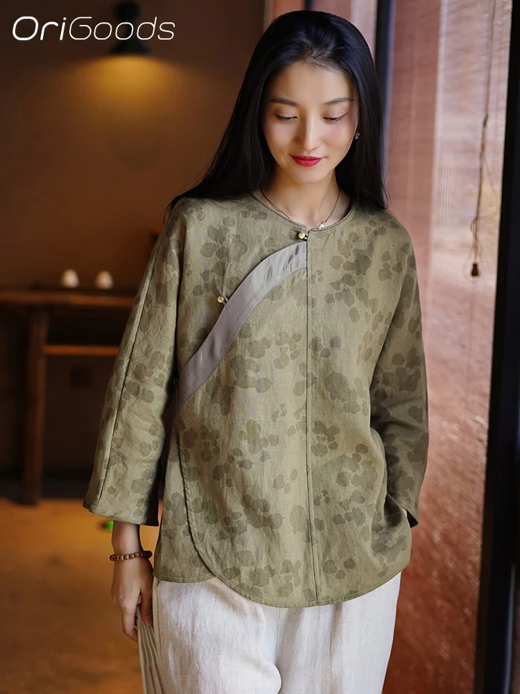 OriGoods Linen 100% Blouse Women 2024 Spring Summer New Linen Shirt Chinese National style Elegant Print Blouse Tops Q074