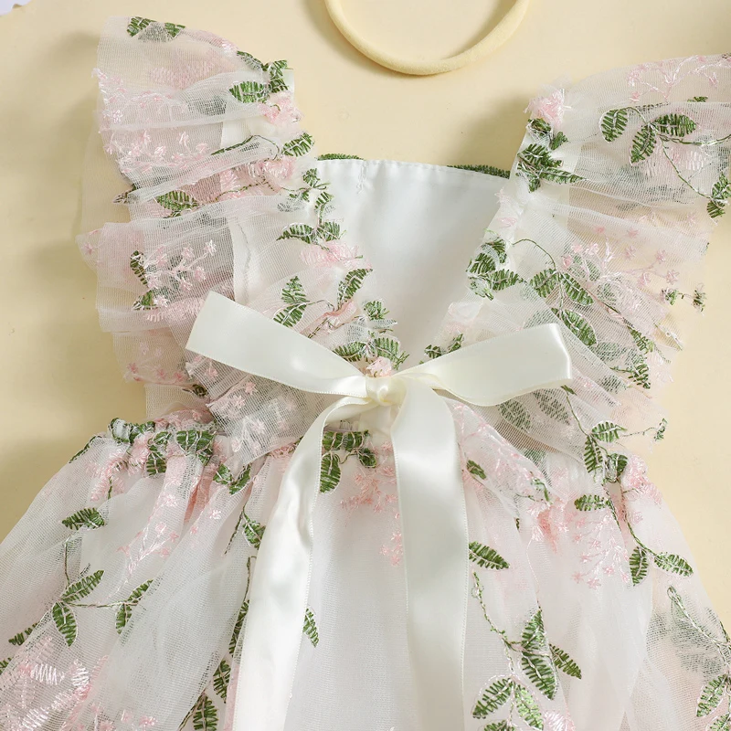 Newborn Baby  Adorable Embroidered Flower Rompers Dress Girl Ruffle Fly Sleeve Square Neck Mesh Dress with Bow Hair