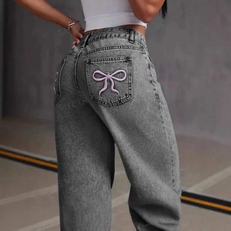 Y2k Retro Harajuku Bow Embroidery Washed Jeans Women American Sweet Spicy Wind Straight Loose Pants Wide Leg Jeans