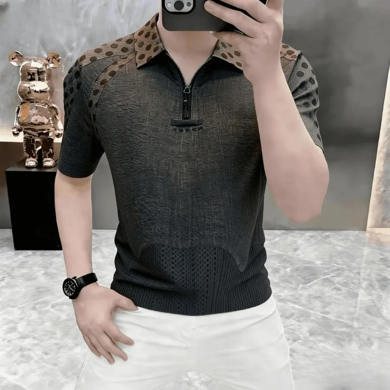 Summer Vintage Polka Dot Stitching Polo Shirt Men's Breathable Short Sleeved Casual T-shirt Versatile Social Business T-shirts