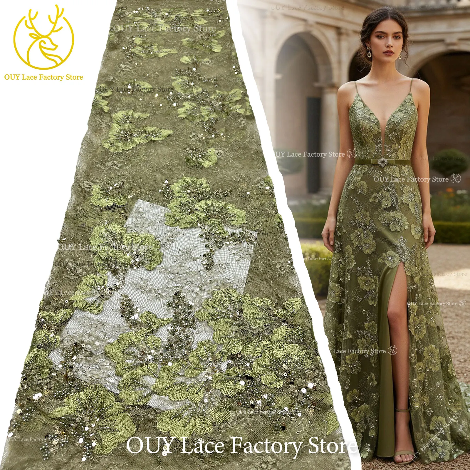 

Olive Green Nigerian Groom Embroidery Lace Fabric 2026 French African Beaded Sequins Lace Fabric Women Wedding Dress 5 Yards