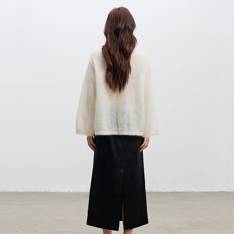 Birdtree 68.6% Wool Knited White Pink Sweater,Woman Wool Blend O-neck Full Sleeve 2025 Autumn Warmth Bottom Pullover T59413JF