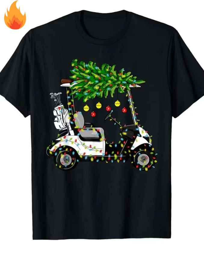 Funny Golf Cart Christmas T Shirt Men Xmas Tree Lights Graphic Tees Summer Cotton Short Sleeve Golfer Holiday Party Streetwear Tops Loose Fit