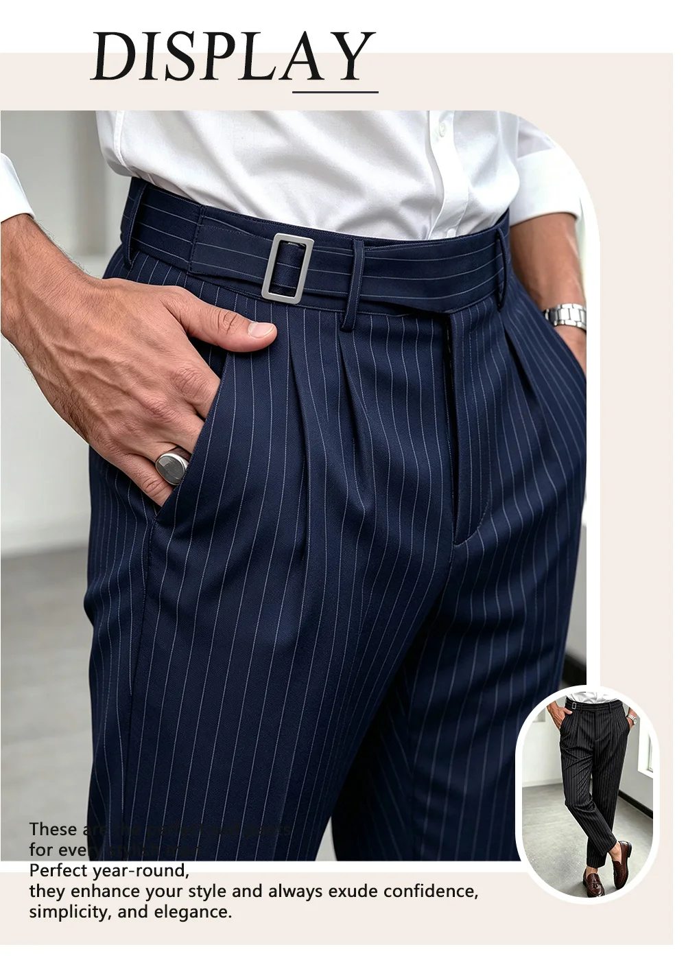 Sommer- und Ganzjahres-Herrenhose mit Streifenmuster, verstellbare Taille, Taschen, taillierter Schnitt, Business-Casual-Arbeitshose – Detail 1