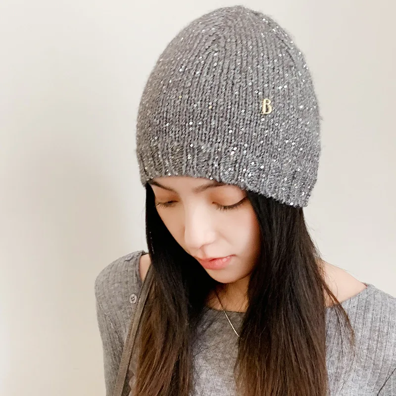 New Y2k Street Cool Knitted Hat Women Autumn Sequined Glitter Beanie Fashion Hip Hop Personality Winter Warm Skull Cold Cap