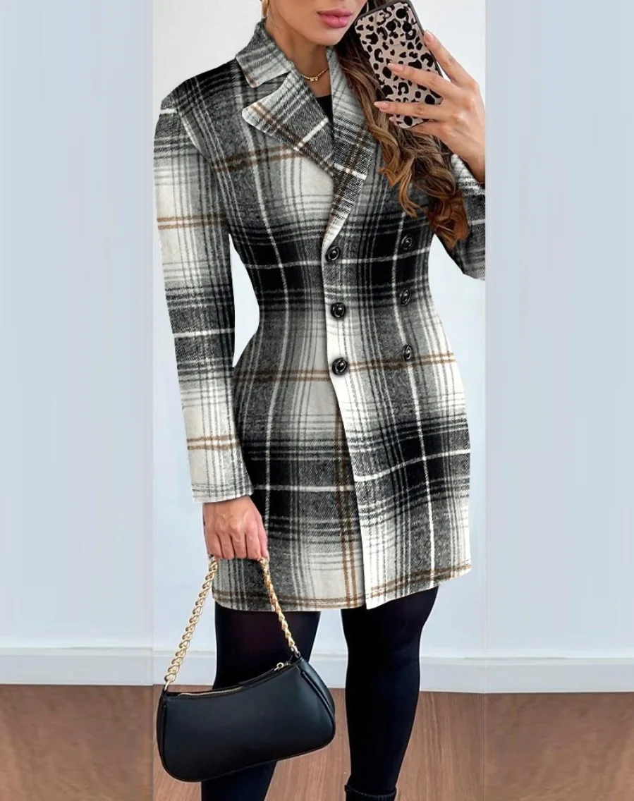 Autumn Winter Fashion Plaid Woolen Jacket Dress Women Causal Office Ladies V-neck Double Breasted Slim Coat Dress Women