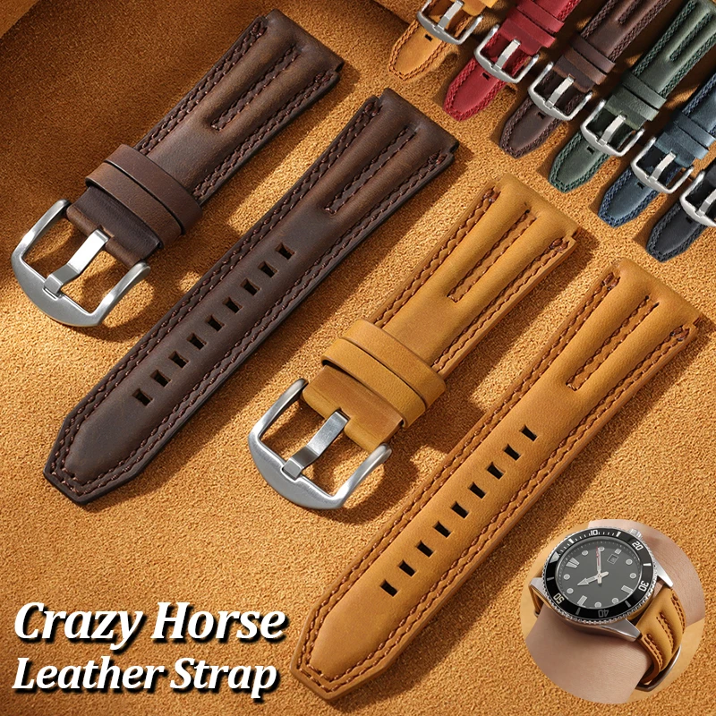Vintage Crazy Horse Leather Strap 22mm Double Groove Embossed Design Cowhide Watch Band Reinforced Stitching Durable Bracelet
