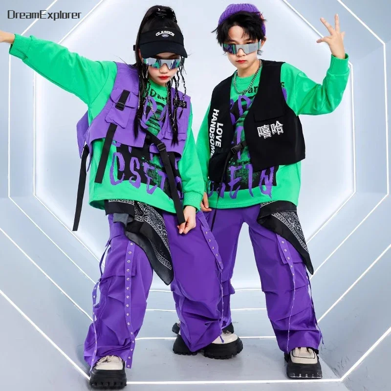 Boys Hip Hop Vest Sweatshirt Colorful Cargo Pants Girls Street Dance Clothes Sets Kids Jazz K-pop Costumes Children Streetwear