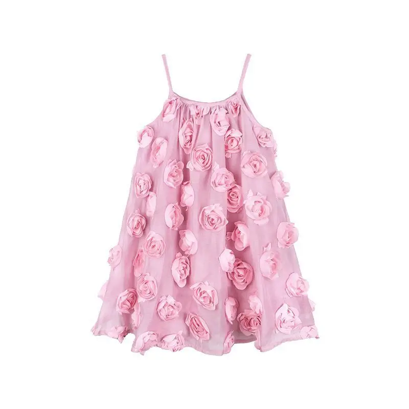 

Chic Girls Pink Dresses Spaghrtti Strap Loose A-line Summer Vestidos 3D Rose Appliques Kids Birthday Princess Dresses 2-8Y Child