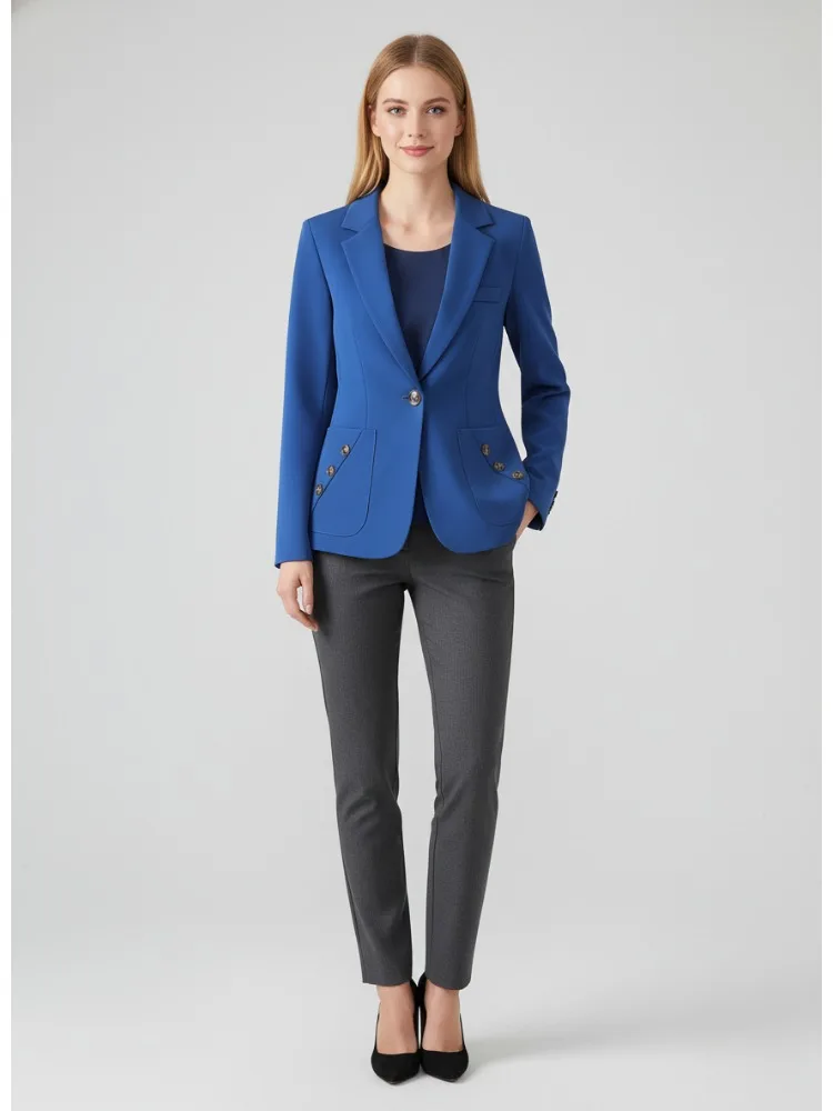 

Missuoo Women's Blue Blazer Jacket Notch Lapel Collar Long Sleeves Buttoned Casual Coat 2025 Stylish Commuter Outerwear