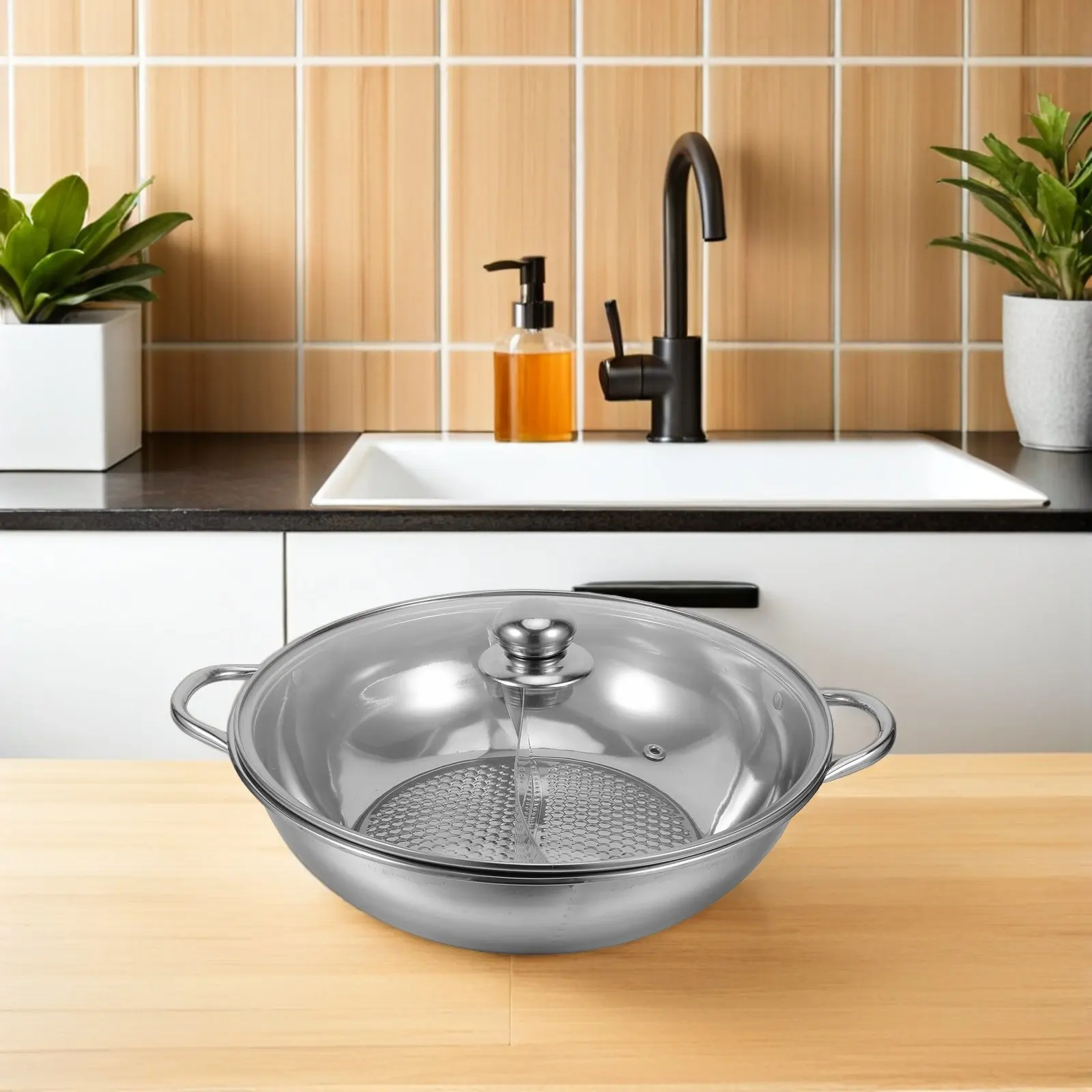 

11 Inch Stainless Steel Hot Pot with Divider Dual Flavor Soup Pot Double Handles Rapid Heating Elegant Table Presence for Family
