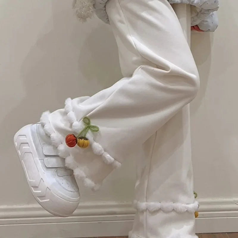 Embroidery Y2K Pants Women Wide Leg Trousers Pumpkin White Fleece Lined Plush Loose Fit Casual Pants, Autumn Winter Warm Gift
