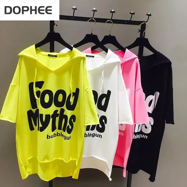 

New Summer Women Cotton Tshirt Korea-style Letter Print Loose Hooded Pullover Top All-match Short Sleeve T-shirt Students Tees