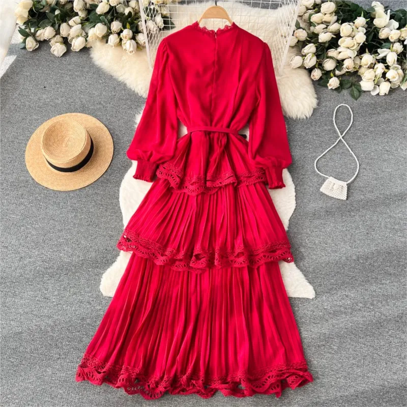 Autumn Vintage Fashion Pleated Women Long Dress Elegant Chic Solid A-Line Party Prom Vestidos Female Birthday Clothes Mujers New