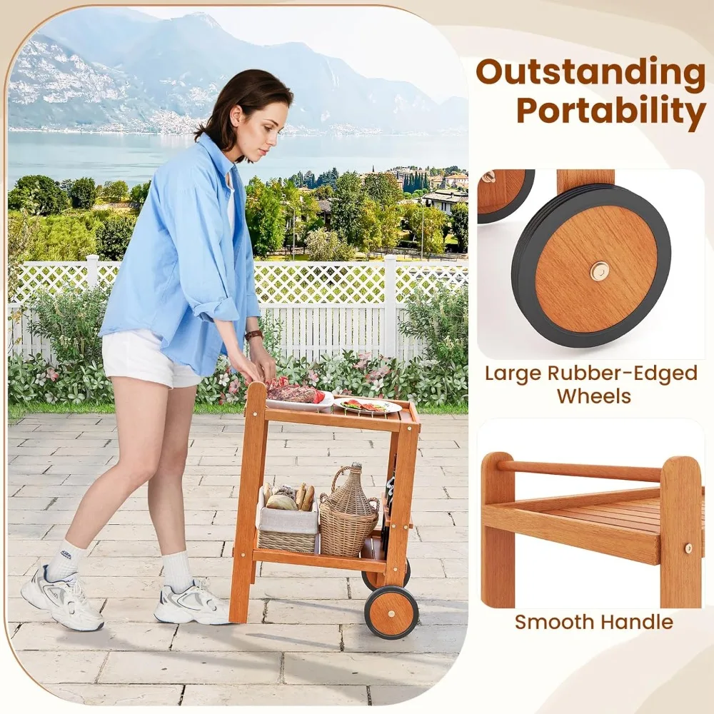 عربة بار خشبية من Giantex، طاولة جانبية من طبقتين بعجلات كبيرة ورف زجاجات النبيذ، عربة تقديم بار منزلي مع لمسة نهائية من زيت الساج، داخلية #6
