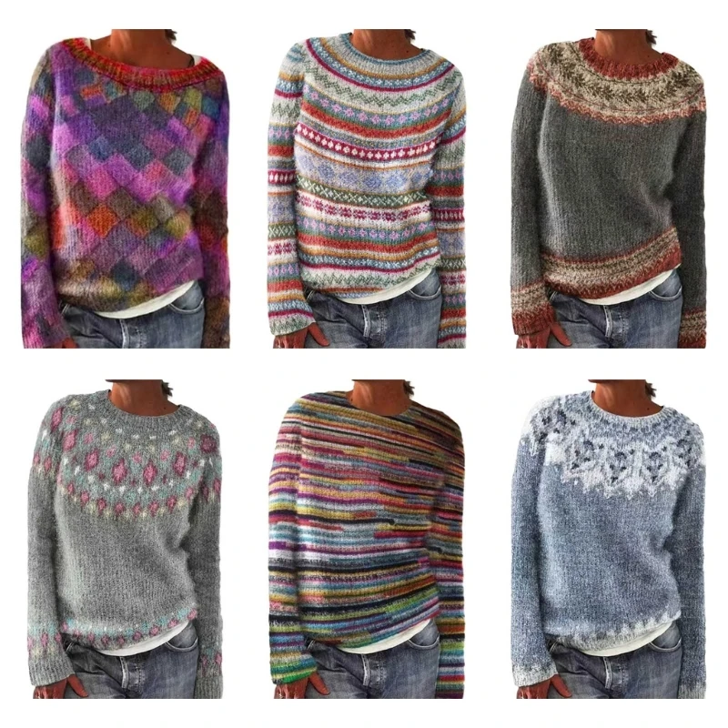 Women Winter Autumn Colorblock Geometric Pattern Sweater Casual Loose Round Neck Vintage Knitted Jumper Top