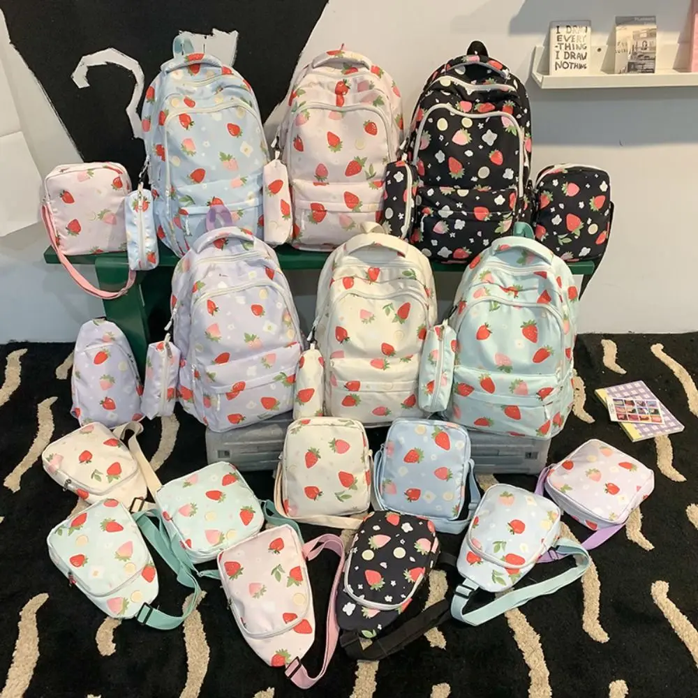 

4Pcs/Set Cute Strawberry Print Backpack Large Capacity Nylon Shoulder Bag School Bag Studeng
