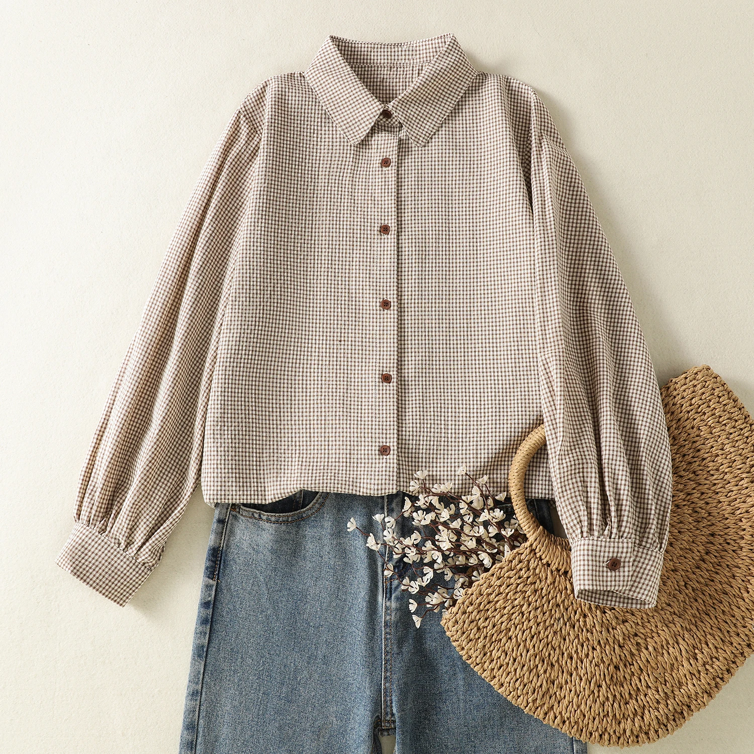 

High-End Anti-Aging Versatile Women's plus Size Artistic Spring Summer New Long Sleeve Shirt Retro Plaid Slimming Top