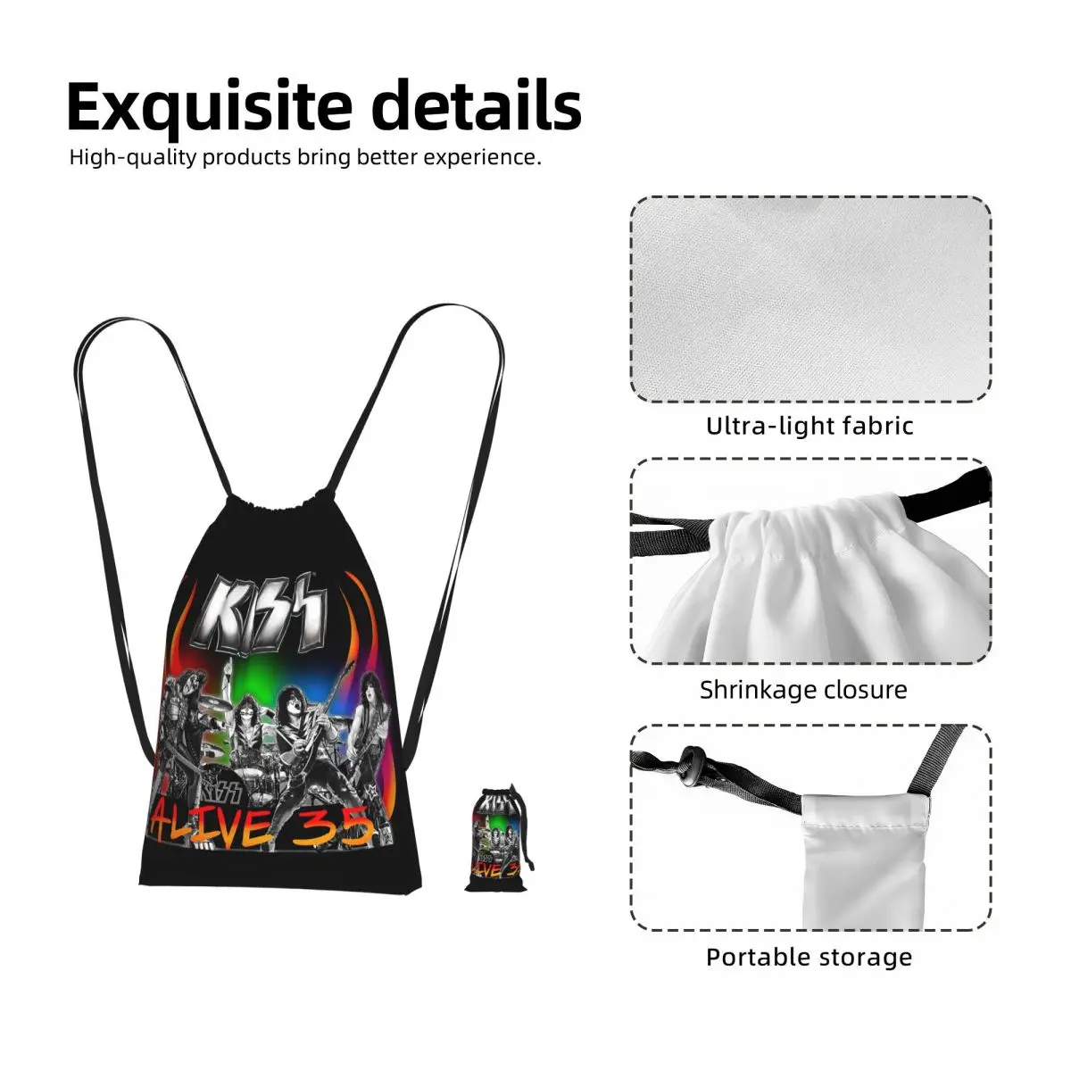 Heavy Metal Rock Music Band Kiss Drawstring Backpack Sports Gym Bag Portable Travel Drawstring Bag for Men Women