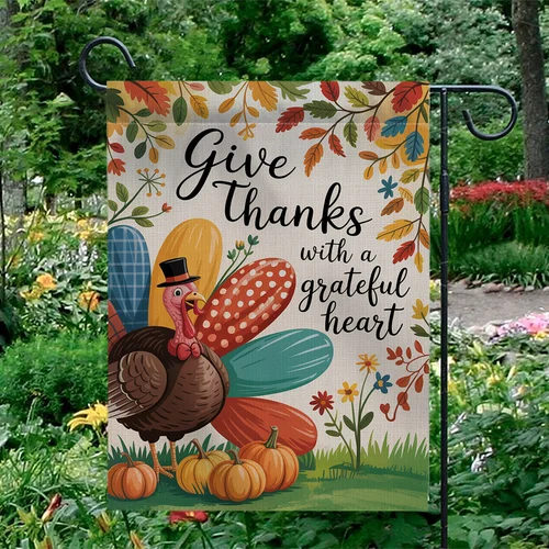 Regala grazie con una bandiera da giardino con cuore grato – Simpatica Turchia autunnale del Ringraziamento De JJE