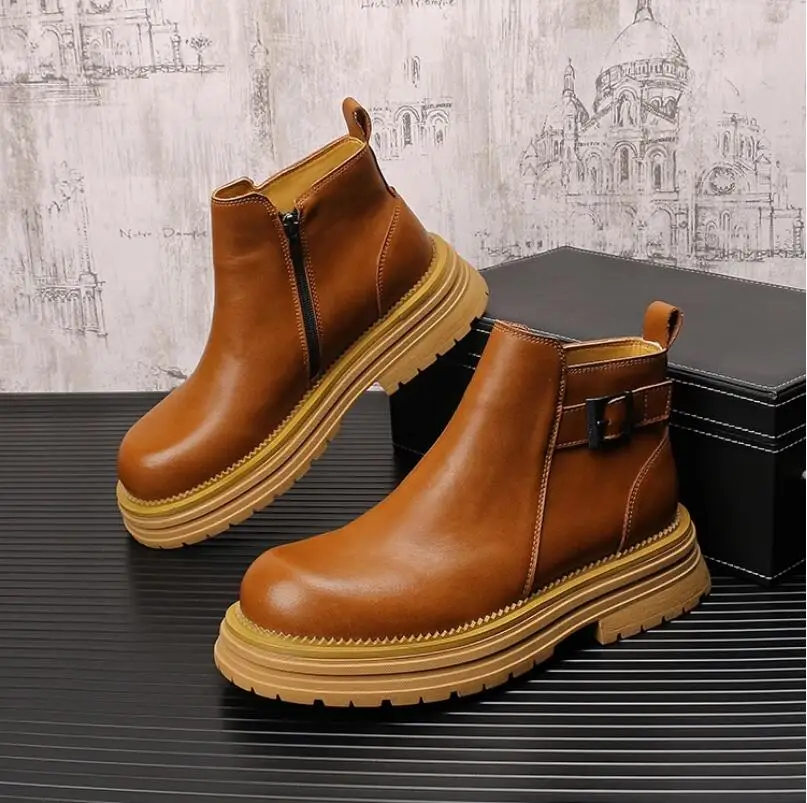 

italian brand designer mens leisure cowboy boots natural leather platform shoes black autumn winter ankle boot short botas male