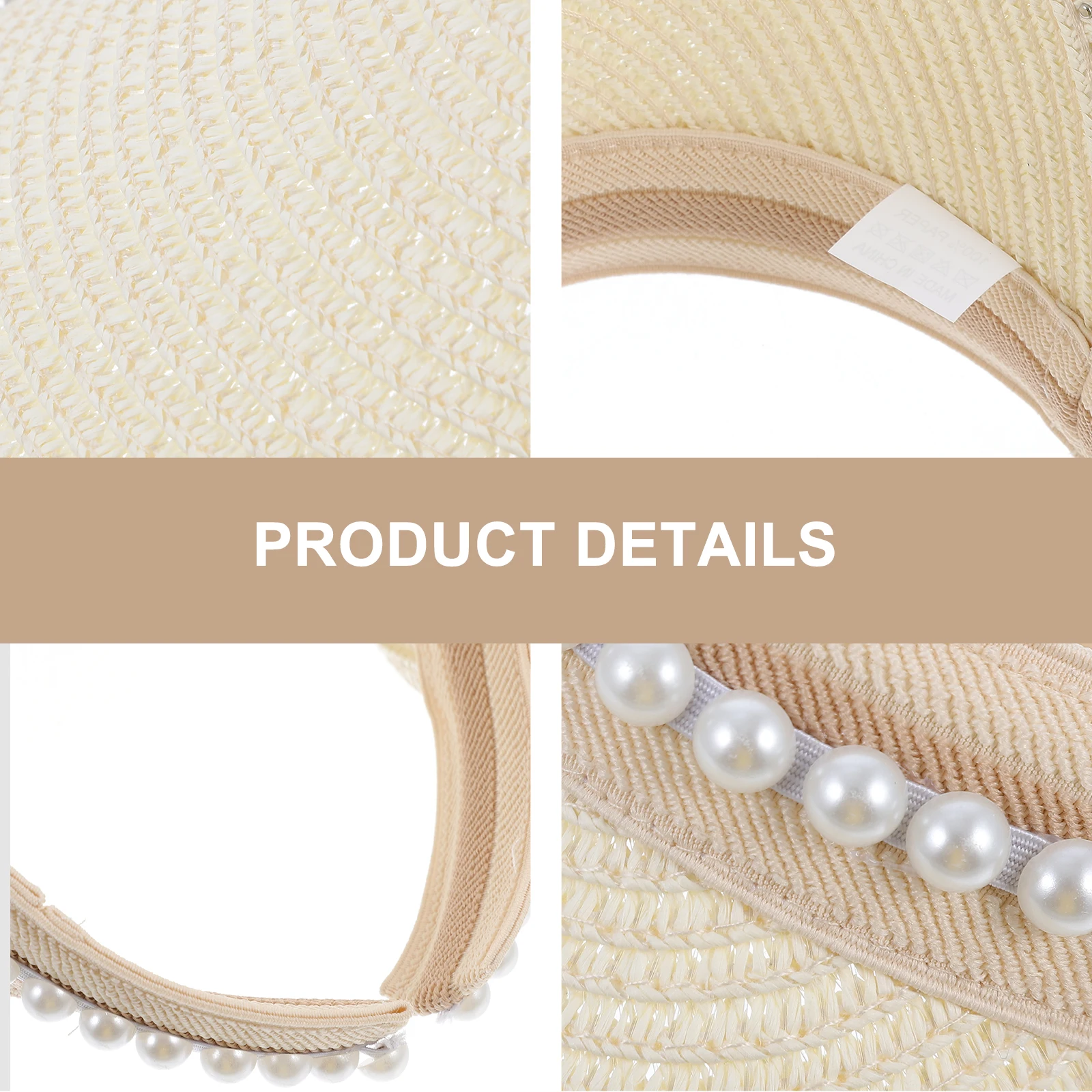 

Women Sun Brim Sun Visor Hat Pearl Summer Straw Caps Hollow Design Summer Straw Caps White Color Outdoor Travel Cool Style