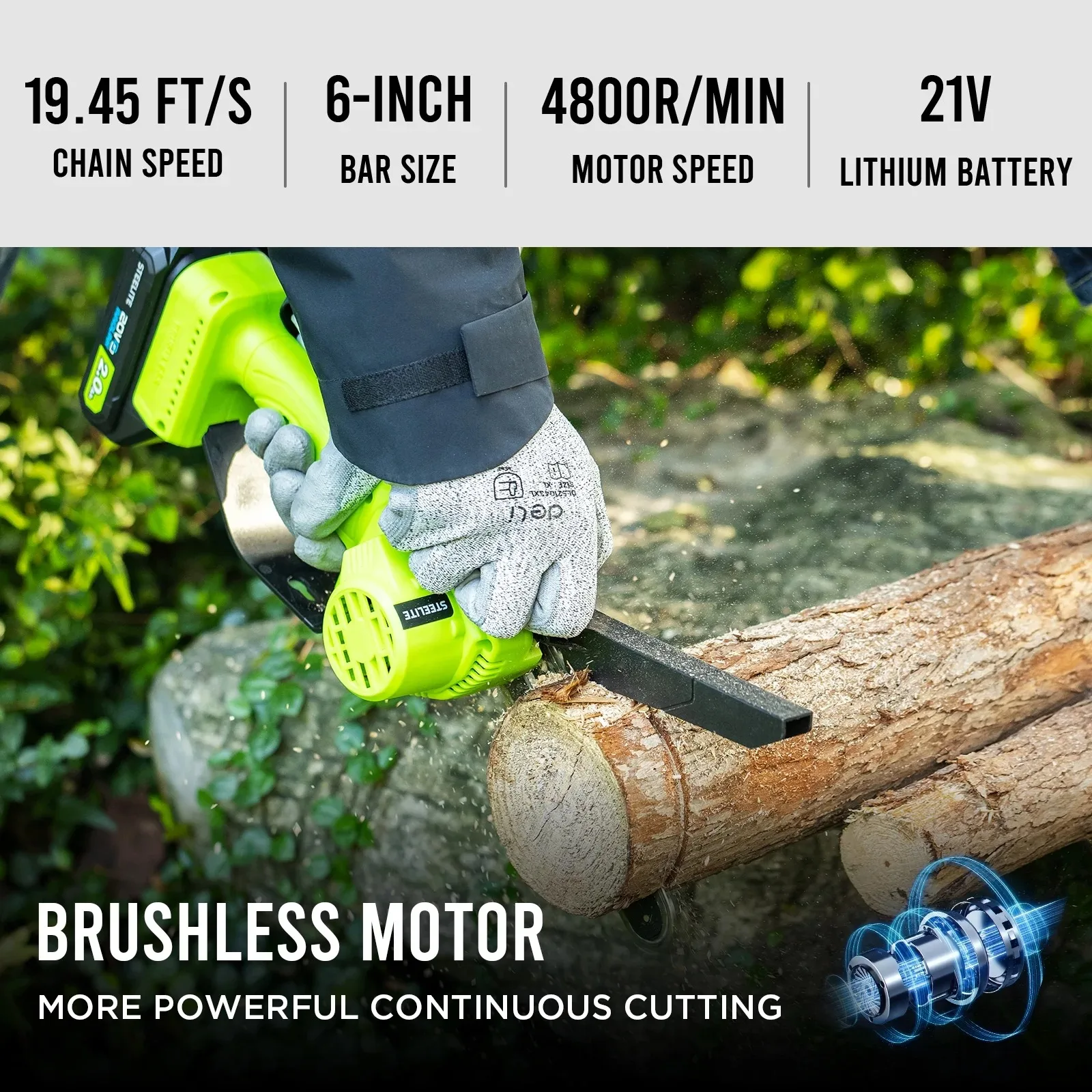 Deli 2-in-1 Cordless Pole Saw 21V 6 Inch Mini Chainsaw Brushless with 2.0Ah Battery and Charger for Tree Trimming