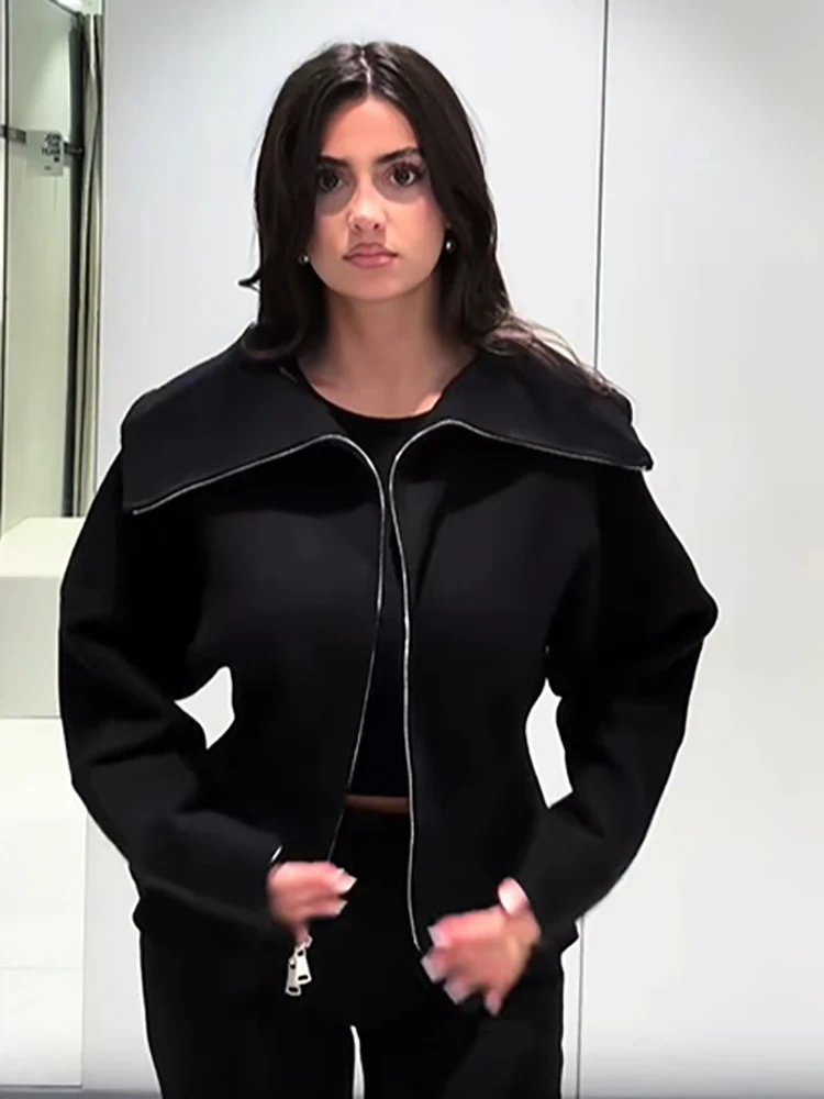 Elegant Big Lapel Collar Double Zip Jacket Lady Chic Cinched Waist Full Sleeve Solid Cardigan 2026 Fall Daily Street Office Wear